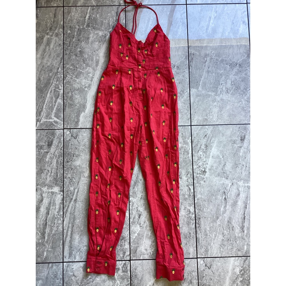 Farm Rio Red Embroidered Pineapple Halter Jumpsuit Linen Blend XS SN 294030